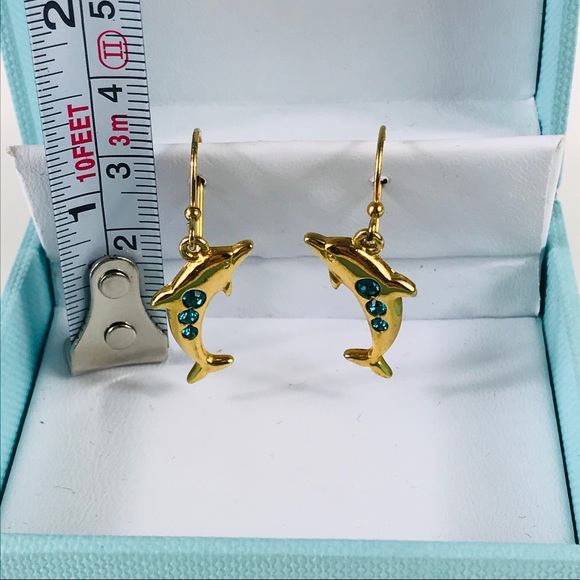 Gold Toned Dolphin Blue Stone Dangle Earrings - Picture 6 of 10